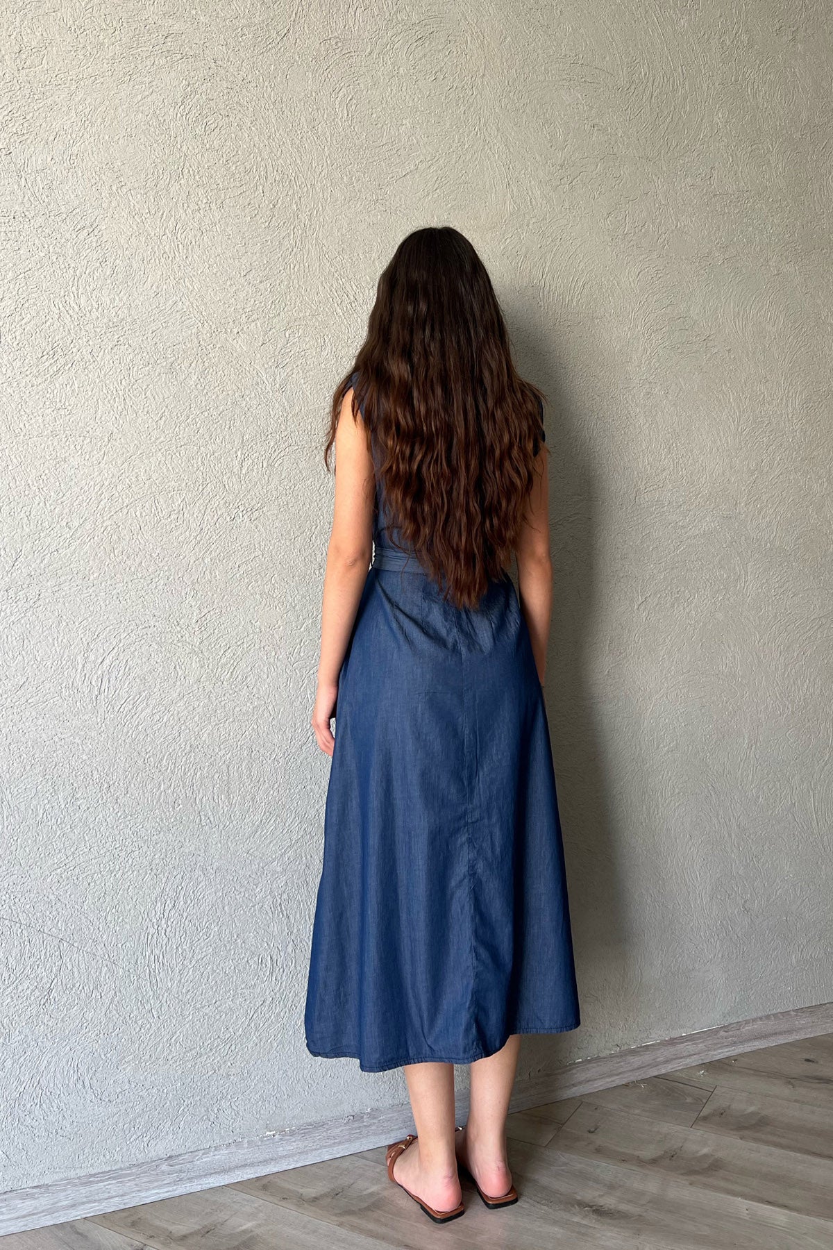 Mavi Vatkalı ÇıtÇıt Detaylı Elbise SY-2125-Mavi