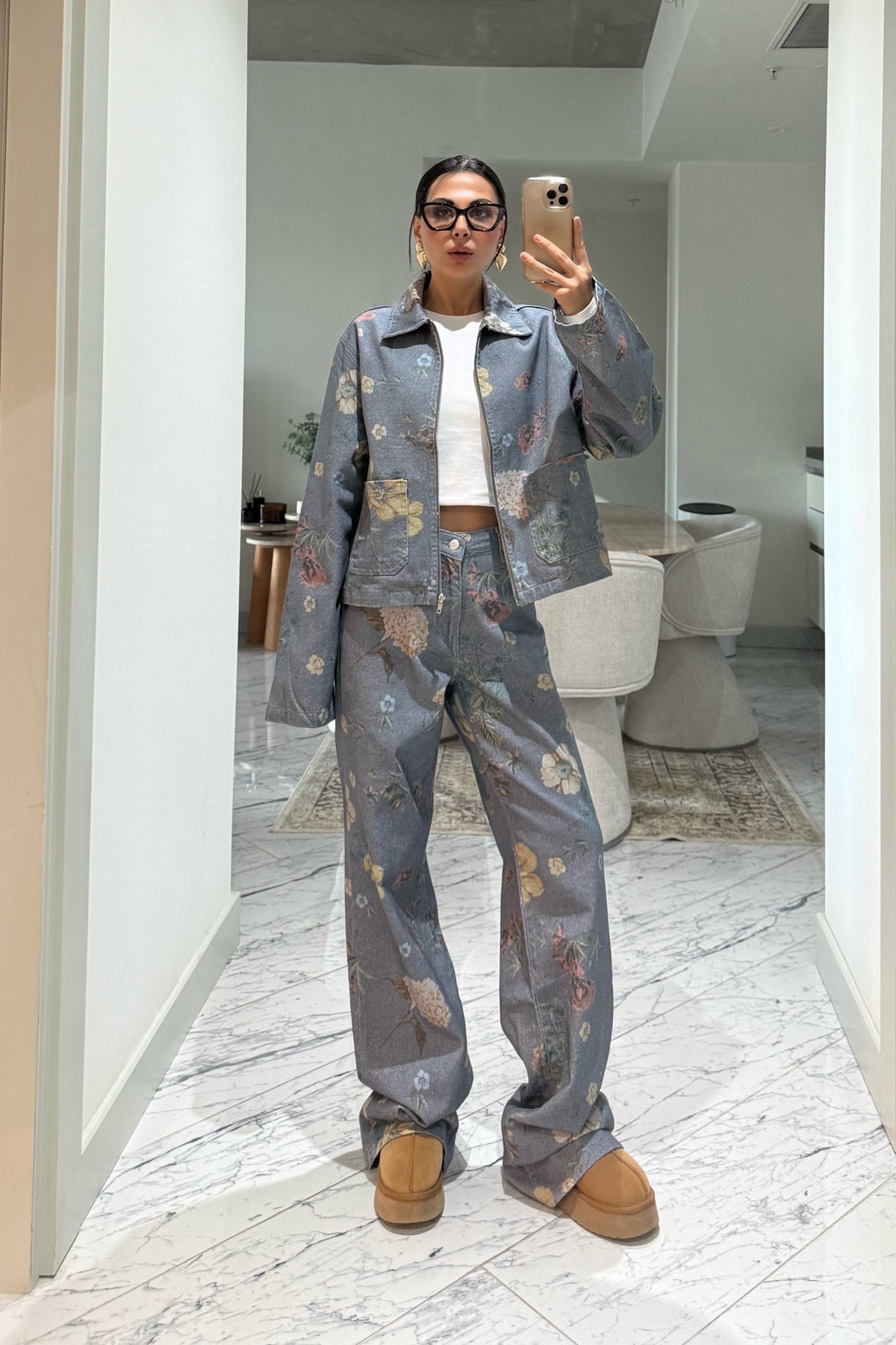 Mavi Çiçek Desenli Yüksek Bel Vintage Denim Pantolon SY-3500-Mavi