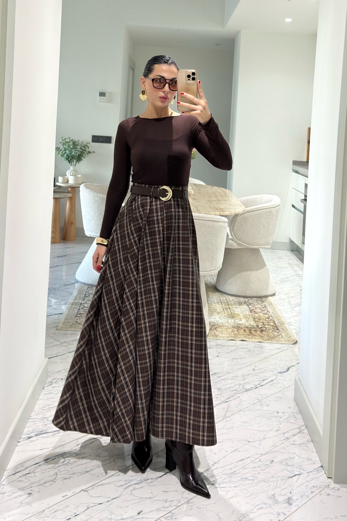 Ekose Desenli Yırtmaç Detaylı Kahveli Çizgili Kloş Etek SY-3494-Sütlü Kahve