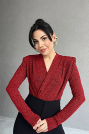 Kırmızı Simli Kruvaze Yaka Vatkalı Çıtçıtlı Body SY-1396-Kırmızı