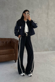 Lacivert Şerit Yazı Detaylı Yüksek Bel Pantolon SY-3392-Lacivert