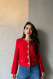 Kırmızı Gold Düğmeli Biyeli Kısa Tüvit Blazer Ceket SY-1259-Kırmızı