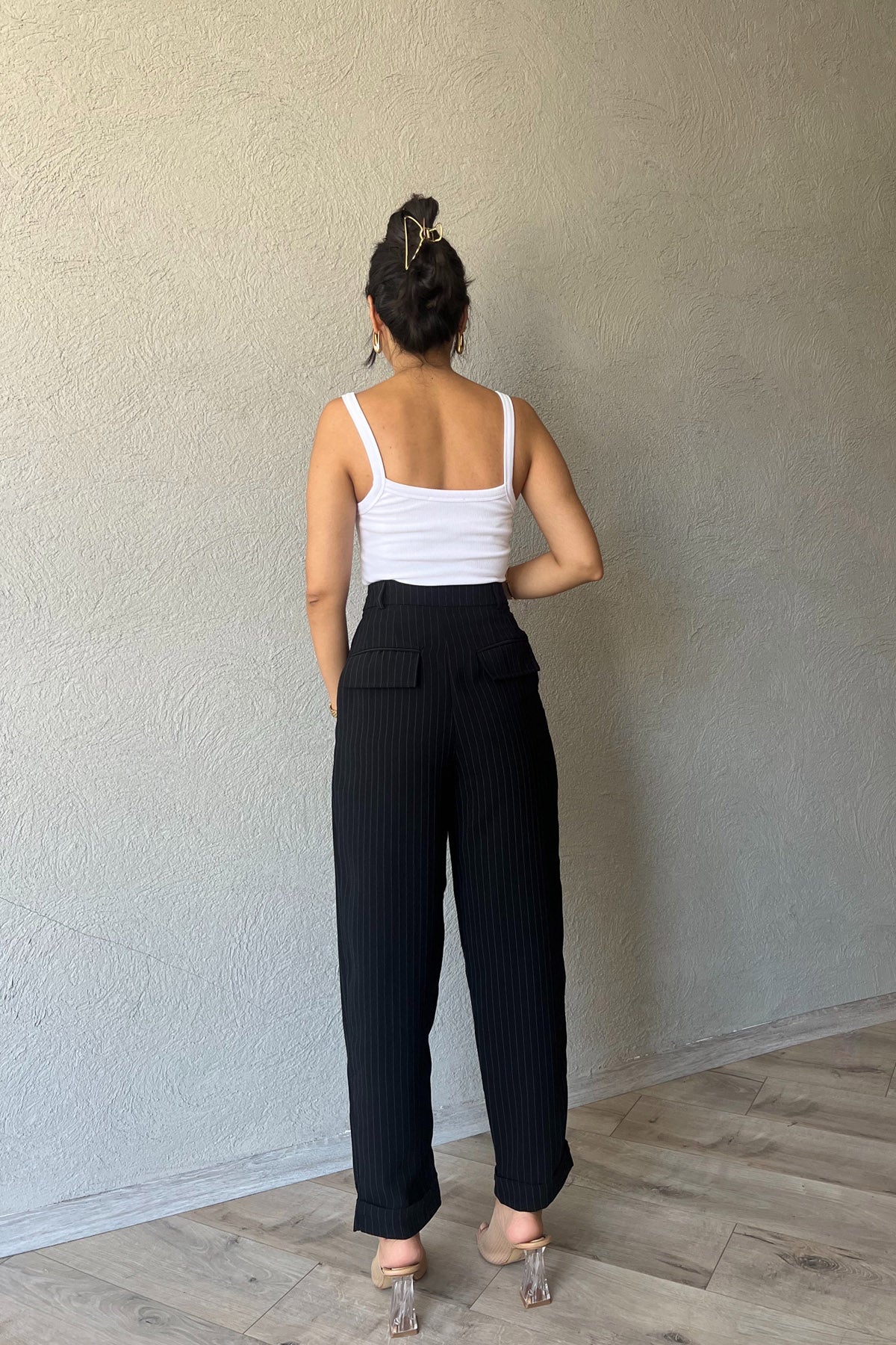 Siyah Çizgili Paçası Katlı Pantolon SY-1621-Siyah