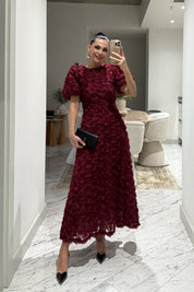 Gül Detaylı Bordo Rosella Özel Tasarım Elbise SY-3519-Bordo