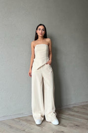 Bej Beli Bağcıklı Yıkama Detaylı Pantolon SY-1852-Bej