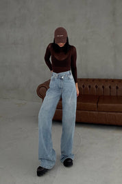 Açık Mavi Asimetrik Düğmeli Kot Baggy Pantolon SY-3463-Açık Mavi