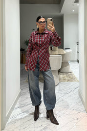 Kırmızı Asimetrik Kesim Ekose Gömlek SY-3512-Kırmızı