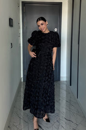 Gül Detaylı Siyah Rosella Özel Tasarım Elbise SY-3519-Siyah