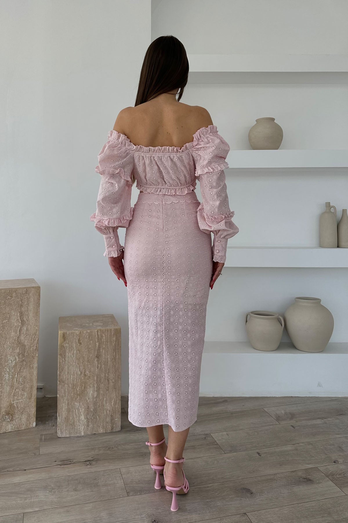 Pembe Tasarım Crop ve Yırtmaçlı Etek Fisto Takım SY-0476-Pembe