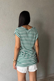 Yeşil Çizgili V Yaka Basic T-shirt SY-0250-Yeşil