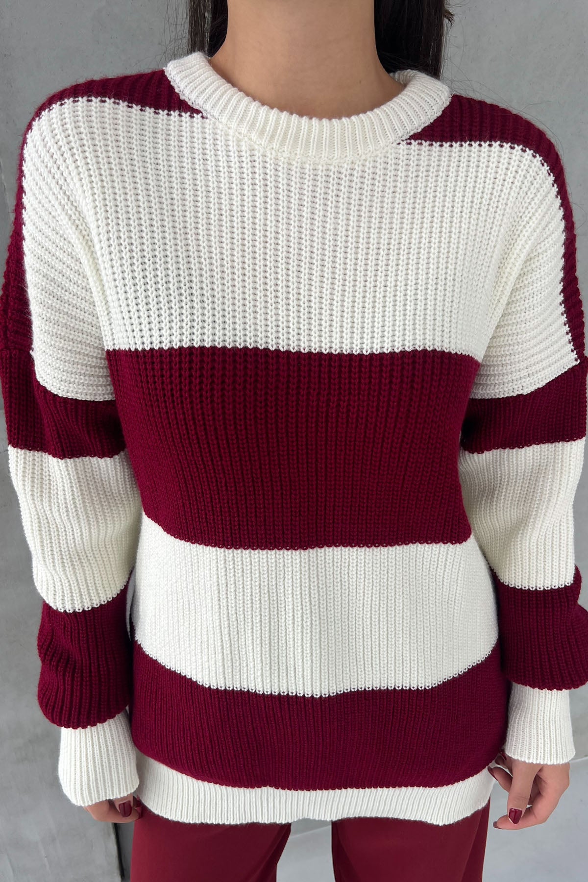 Bordo Penida Blok Renkli Oversize Kazak SY-2647-Bordo