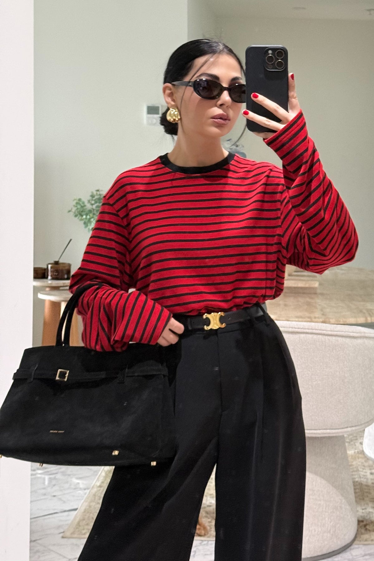 Kırmızı-Siyah Biisiklet Yaka Çizgili Likralı Uzun Kollu T-Shirt SY-3645-Kırmızı