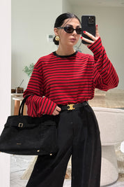 Kırmızı-Siyah Biisiklet Yaka Çizgili Likralı Uzun Kollu T-Shirt SY-3645-Kırmızı