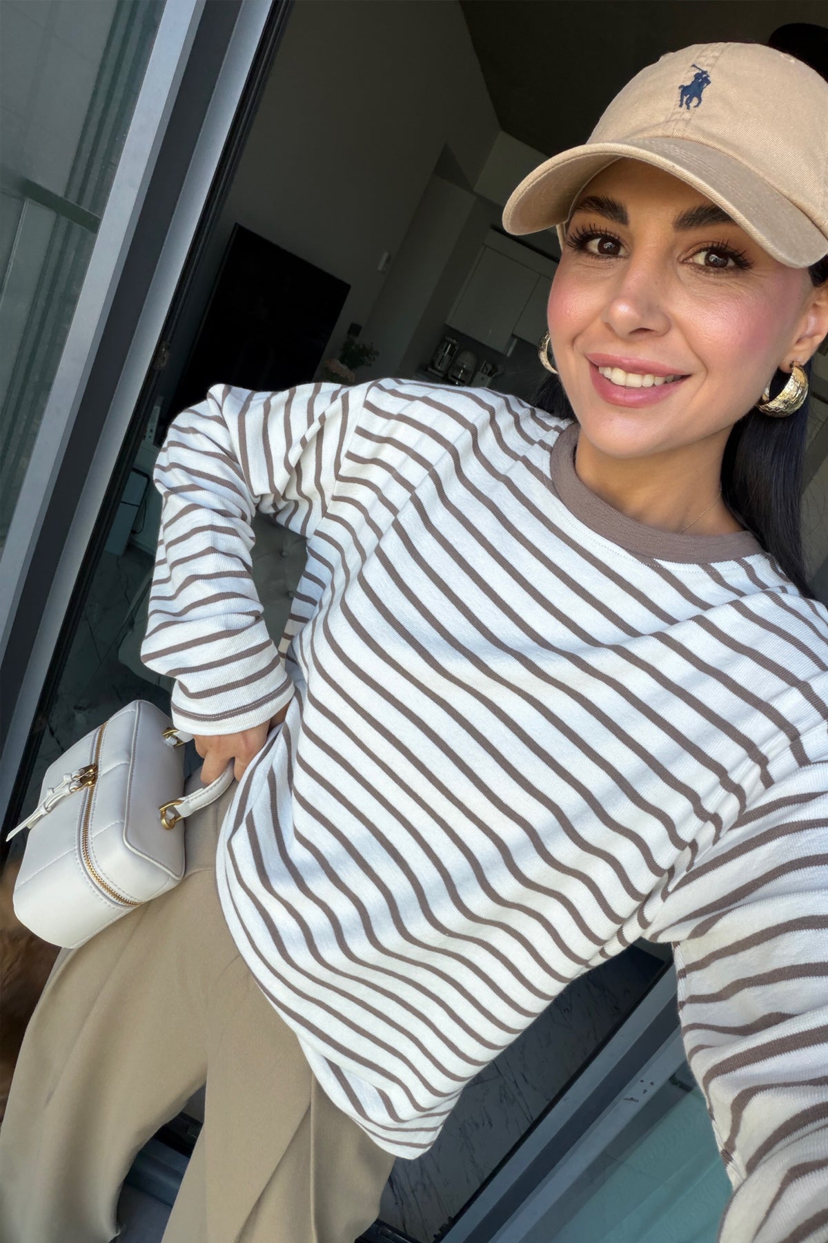 Ekru Kahve Çizgili Oversize Basic Bluz SY-3832-Kahve