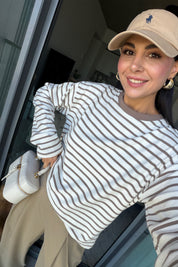 Ekru Kahve Çizgili Oversize Basic Bluz SY-3832-Kahve