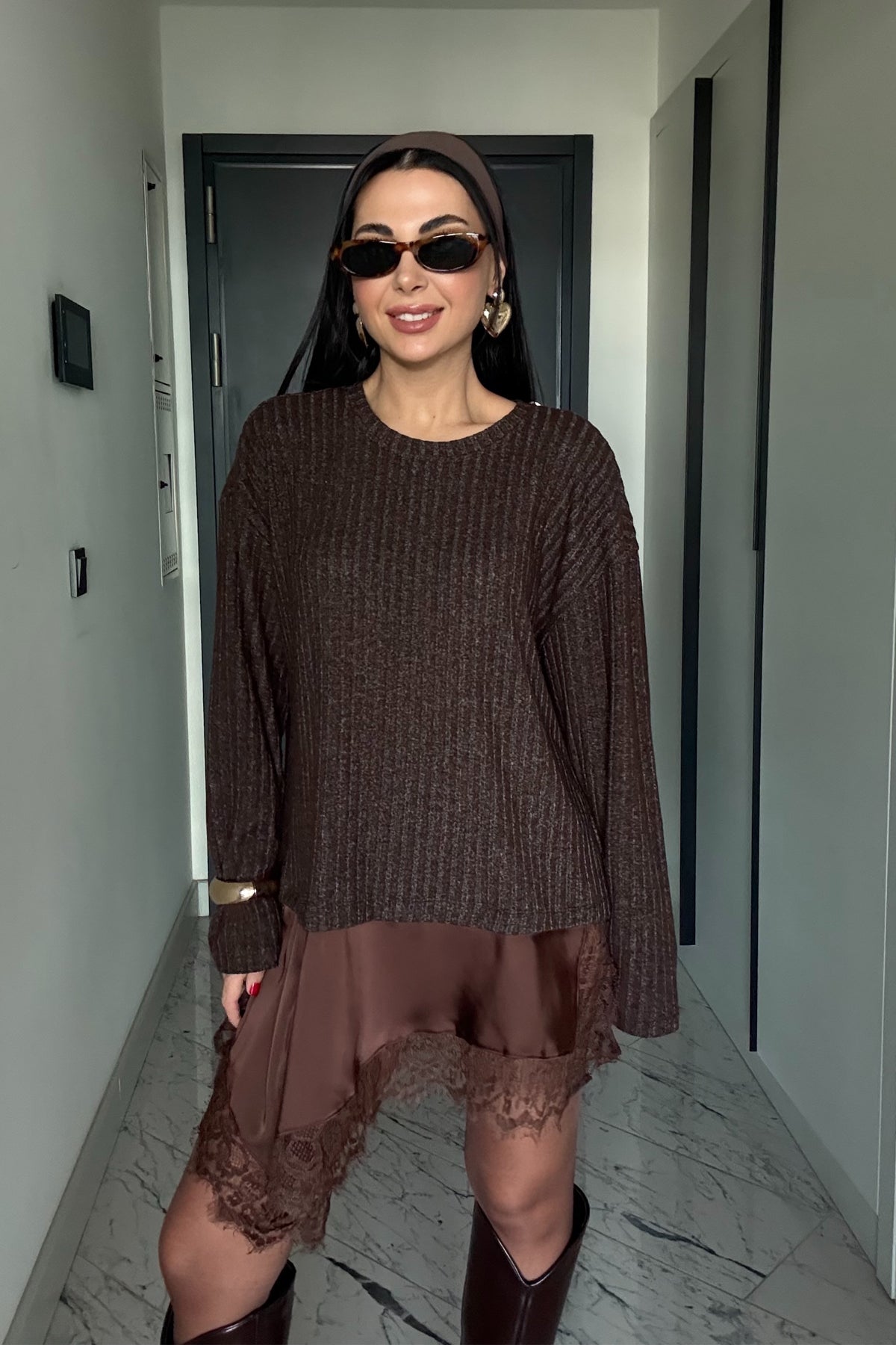 Kahverengi Dantel Detaylı Saten Triko Bluz-Elbise SY-3504-Kahverengi