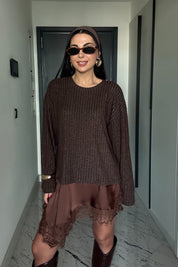 Kahverengi Dantel Detaylı Saten Triko Bluz-Elbise SY-3504-Kahverengi