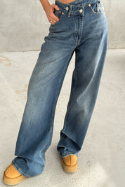 Mavi Asimetrik Düğmeli Kot Baggy Pantolon SY-3463-Mavi