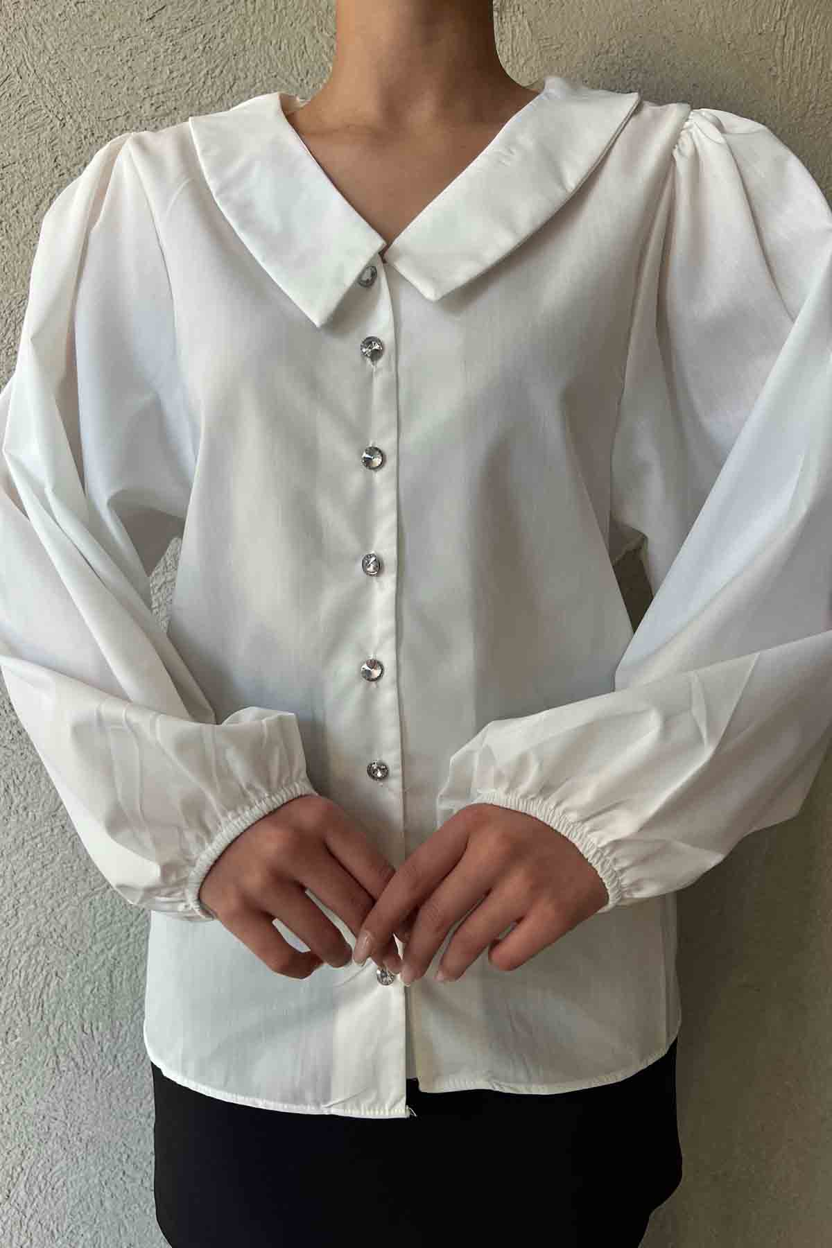 Beyaz Bebe Yaka Taş Düğme Detaylı  Balon Kol Gömlek SY-1819-Beyaz