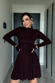 Uzun Kollu Eteği Volanlı Kahverengi Mini Elbise SY-3543-Kahverengi