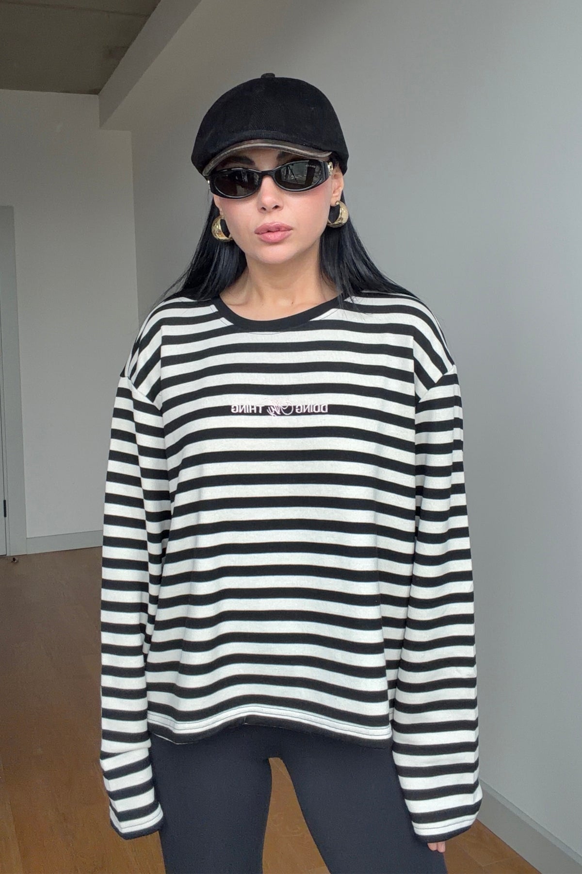 Siyah-Ekru Çizgili Basic Sweatshirt SY-3902-Siyah