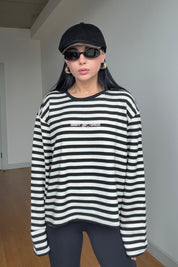 Siyah-Ekru Çizgili Basic Sweatshirt SY-3902-Siyah