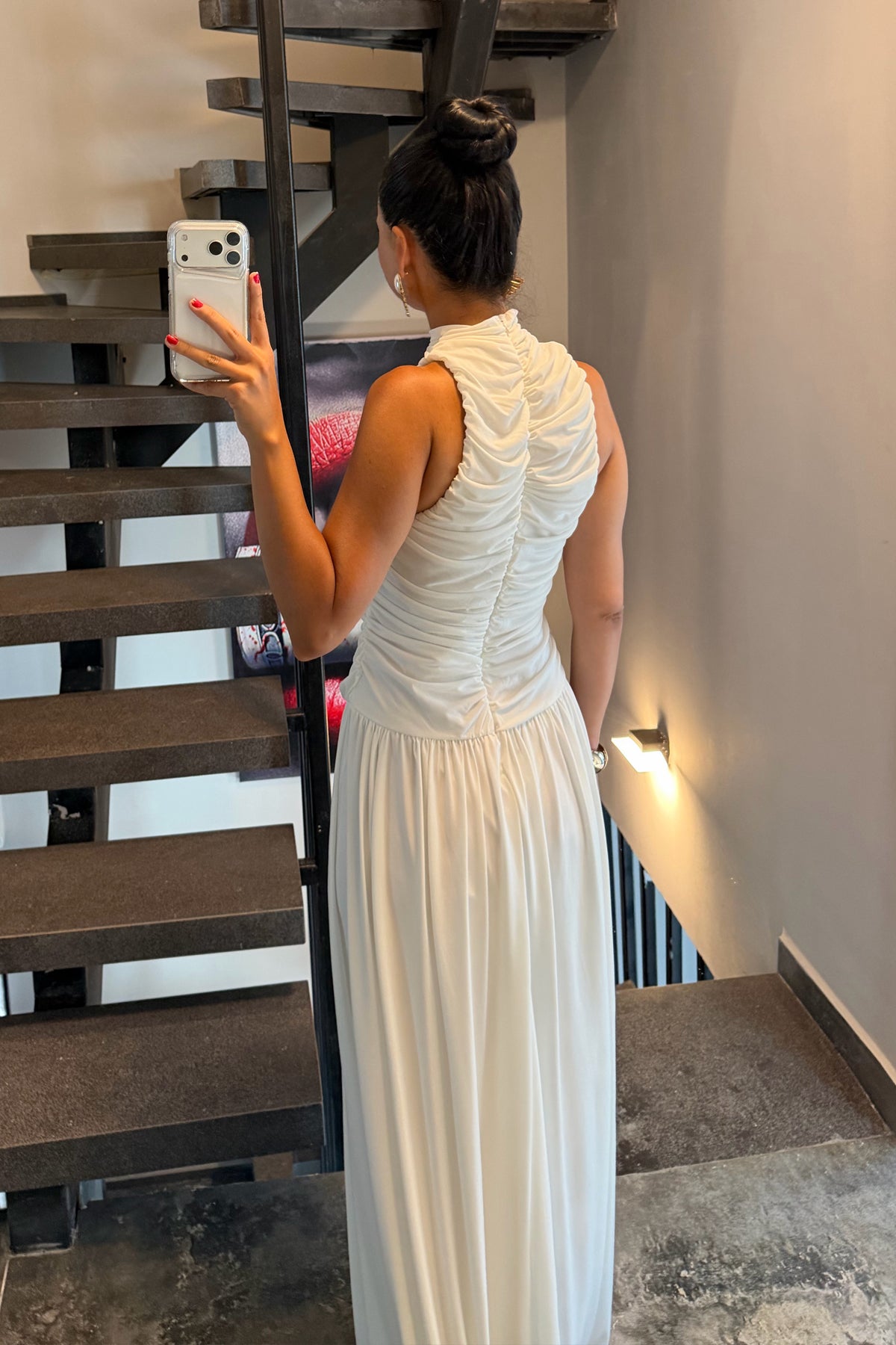 Beyaz Halter Yaka Maxi Davet Elbisesi Ön Drapeli SY-3782-Beyaz