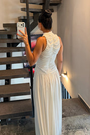 Beyaz Halter Yaka Maxi Davet Elbisesi Ön Drapeli SY-3782-Beyaz