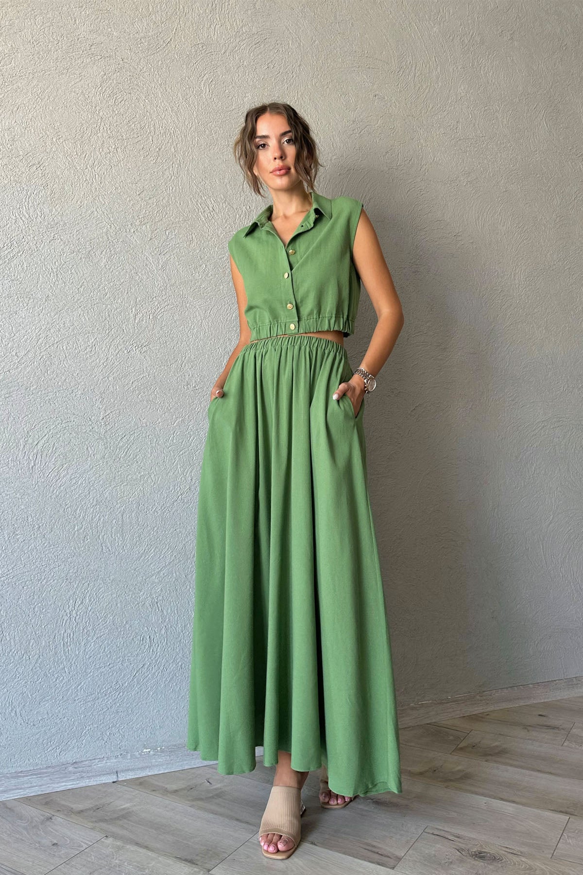 Yeşil Keten Gold Düğmeli Bluz ve Etek Takım SY-0759-Yeşil