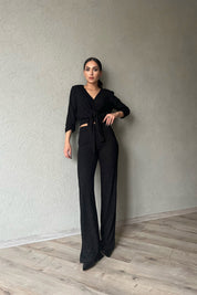 Siyah Simli Crop Bluz ve Pantolon Takım SY-1498-Siyah