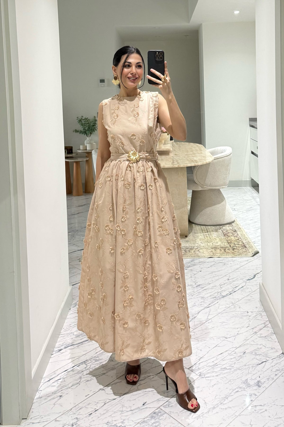Santorini Çiçek Desenli Midi Elbise-Bej SY-3661-Bej