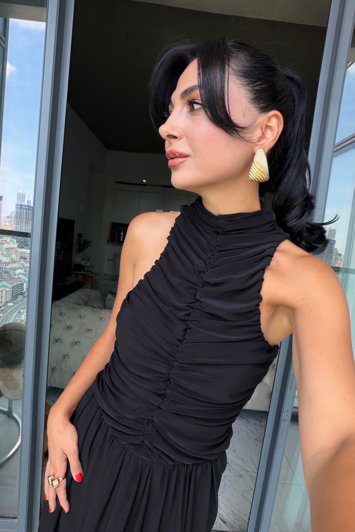 Siyah Halter Yaka Maxi Davet Elbisesi Ön Drapeli SY-3782-Siyah
