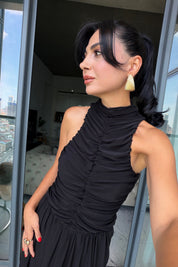 Siyah Halter Yaka Maxi Davet Elbisesi Ön Drapeli SY-3782-Siyah