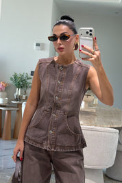 Brown Denim Yelekli Pantolon Takım SY-3853-Kahverengi