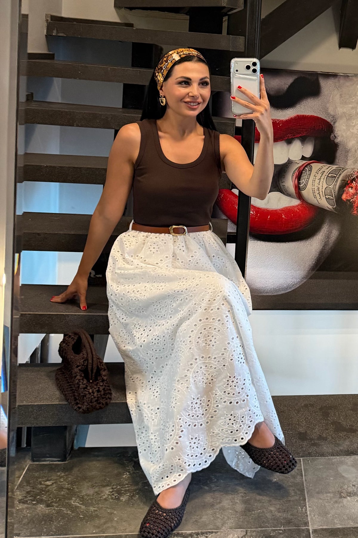 Kahve Çizgili Triko Üst Fisto Detaylı Kemerli Elbise SY-3725-Kahve