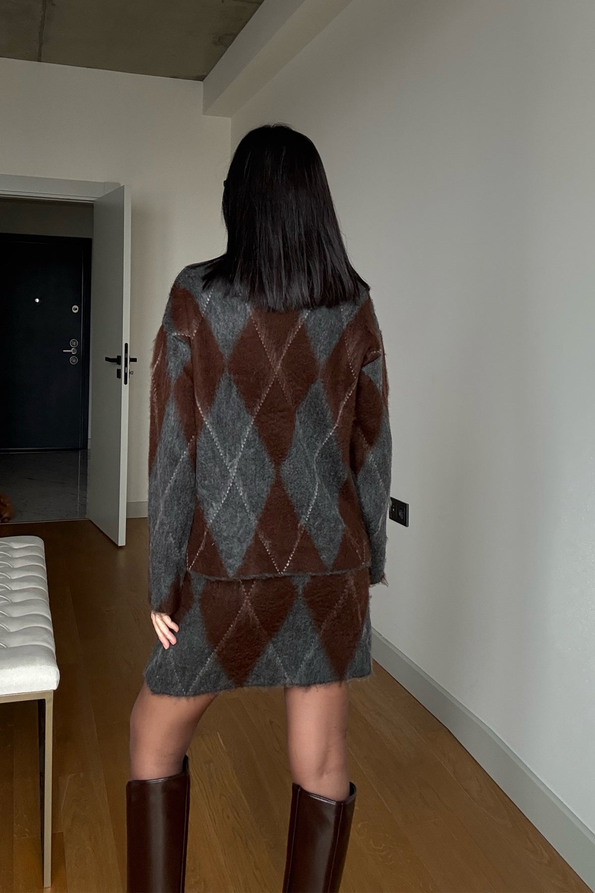 Dik Yaka Baklava Desenli Etekli Takım SY-3518-Gri