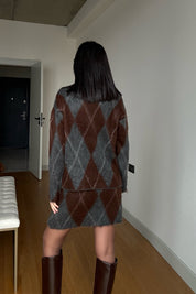 Dik Yaka Baklava Desenli Etekli Takım SY-3518-Gri