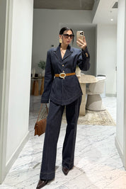 Kadın Kemerli Fit Denim Ceket ve Pantolon Takım SY-3534-Lacivert