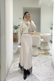 Ekru Puantiyeli Dantel Detaylı Maxi Saten Etek SY-3600-Ekru