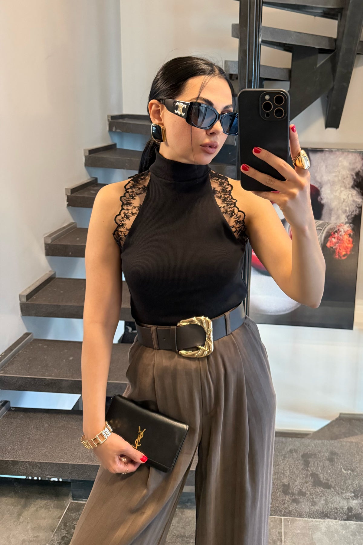 Siyah Balıkçı Yaka Güpür Detaylı Triko Bluz SY-3712-Siyah
