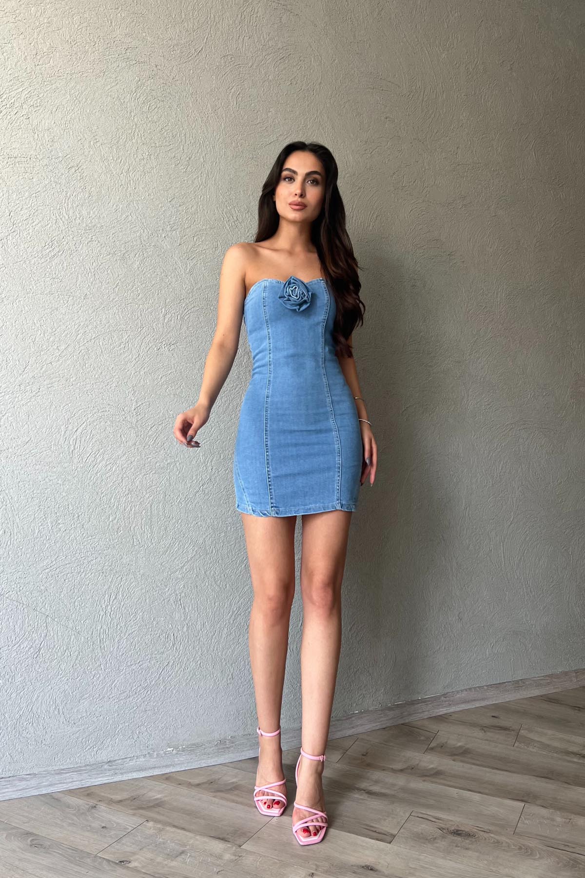 Mavi Straplez Gül Broş Detaylı Denim Elbise SY-1900-Mavi