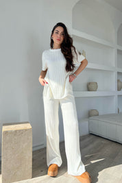 Ekru Fitilli  Kısa Kol ve Pantolon Triko Takım SY-1703-Ekru