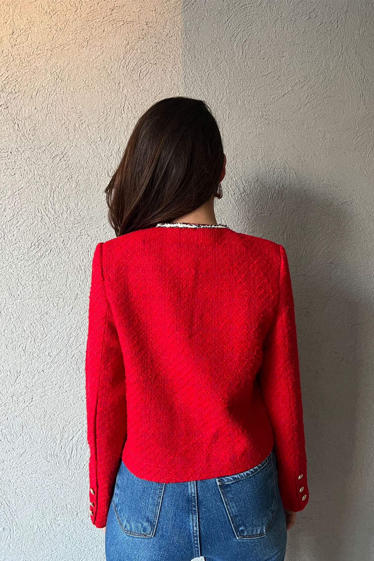 Kırmızı Gold Düğmeli Biyeli Kısa Tüvit Blazer Ceket SY-1259-Kırmızı