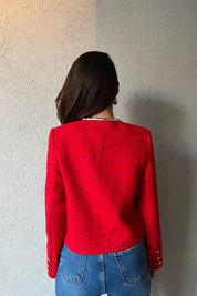 Kırmızı Gold Düğmeli Biyeli Kısa Tüvit Blazer Ceket SY-1259-Kırmızı