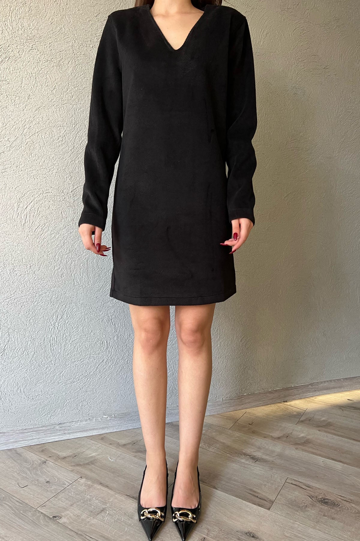 Siyah V Yaka Vatkalı Kaşe Elbise SY-1254-Siyah