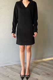 Siyah V Yaka Vatkalı Kaşe Elbise SY-1254-Siyah