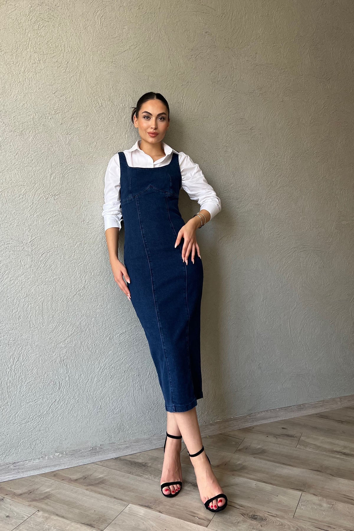 Koyu Mavi Arkadan Yırtmaç Detaylı Denim Kalem Elbise SY-1273-Koyu Mavi