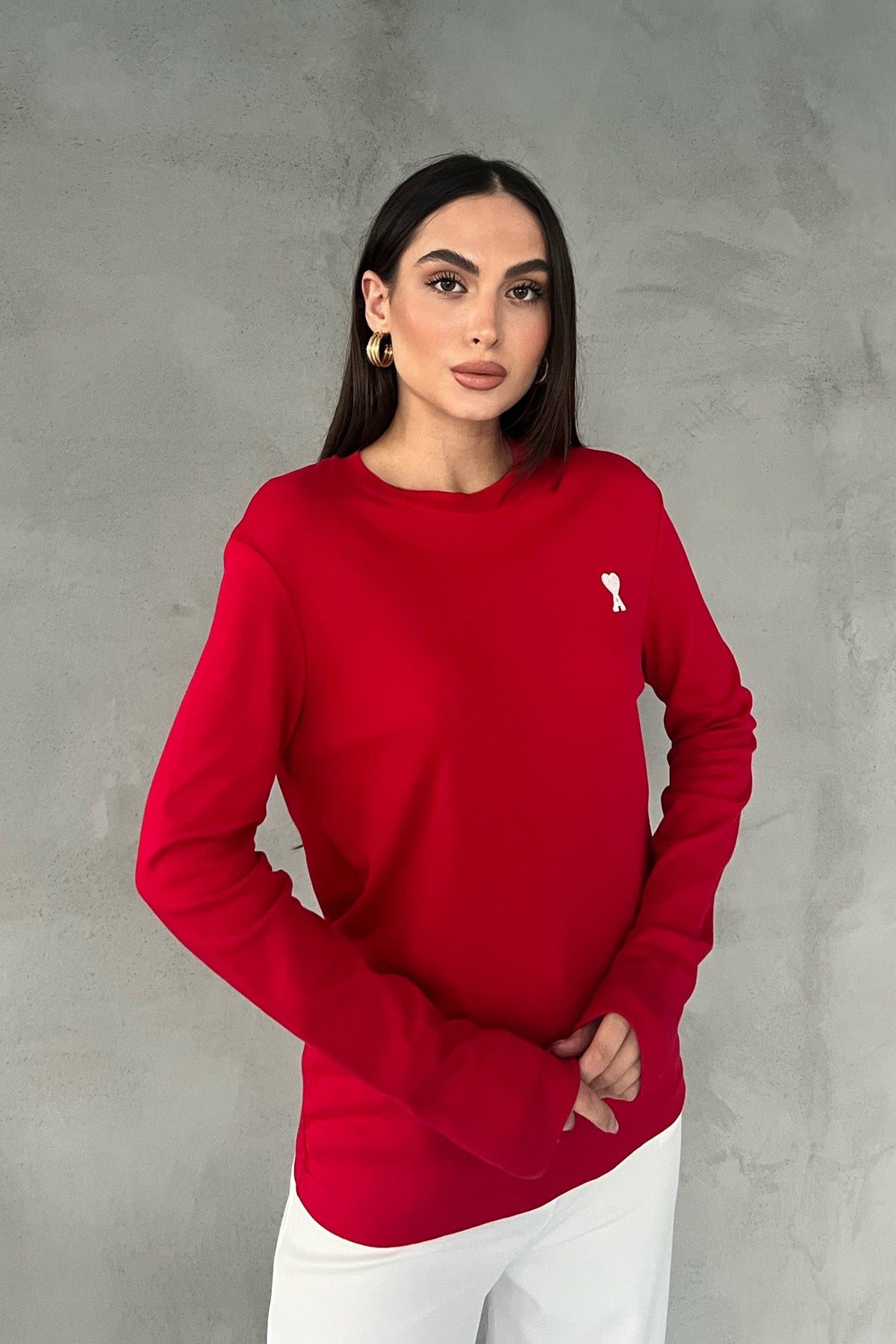 Kırmızı Marka Model Kalp Nakışlı Uzun Kollu T-shirt SY-2822-Kırmızı