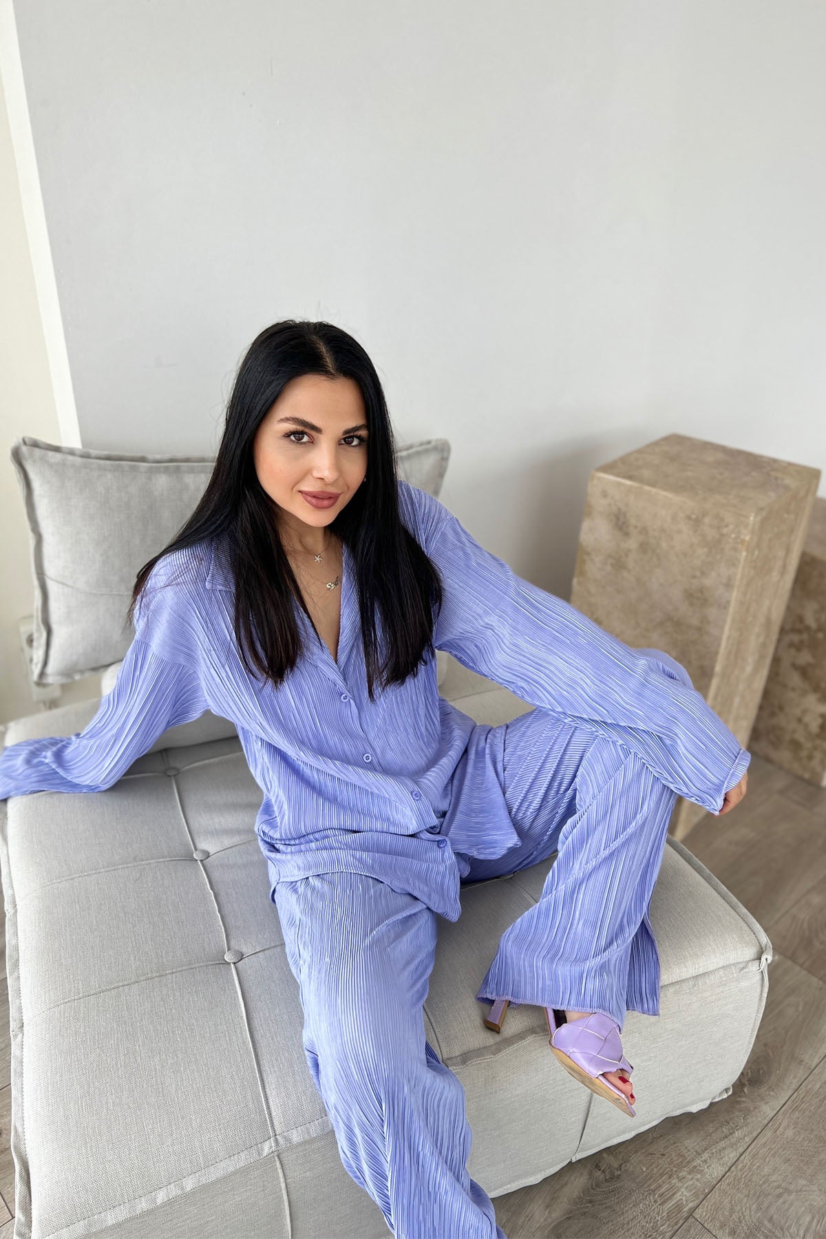 Açık Lila Yırtmaçlı Fitilli Gömlekli Kadın Oversize Takım SY-0465-Açık Lila