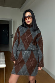 Dik Yaka Baklava Desenli Etekli Takım SY-3518-Gri